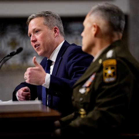US Army Secretary Dan Driscoll (left), accompanied by Army Vice Chief of Staff Gen. Christopher LaNeve (right), speaks during a Senate Armed Services Committee hearing on Capitol Hill on May 12, 2026.(Getty Images)