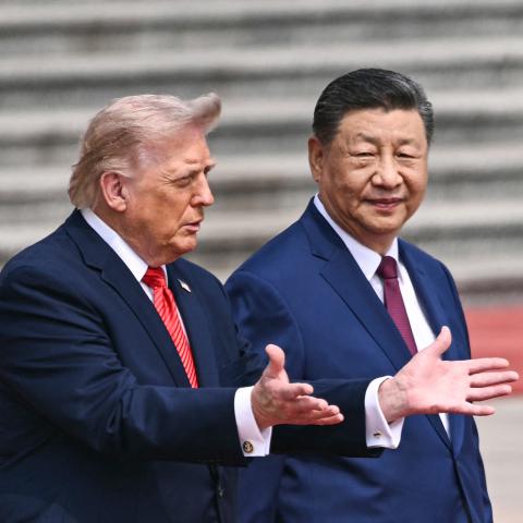 US President Donald Trump takes part in a welcome ceremony with China's President Xi Jinping at the Great Hall of the People in Beijing on May 14, 2026. (Getty Images)