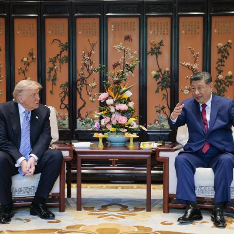 United States President Donald Trump meets with China's President Xi Jinping on the sidelines of their visit to Zhongnanhai Garden in Beijing on May 15, 2026. (Getty Images)