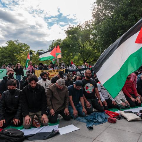 Pro-Palestinian activists pray during a protest on May 15, 2026, in New York City. (Getty Images)