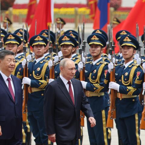Russian President Vladimir Putin and Chinese President Xi Jinping inspect an honor guard during a welcoming ceremony at the Great Hall of the People on May 20, 2026, in Beijing, China. (Getty Images)