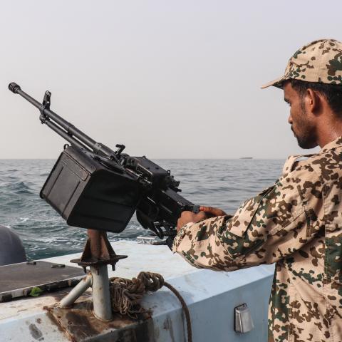 A sailor from the navy of Yemen's Aden-based internationally recognised government aboard a vessel patrolling a shipping lane off Hanish Island in the Red Sea on July 27, 2026. (Getty Images)