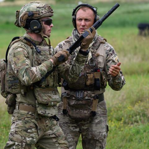 Ukrainian officer trains recruit to shoot down front-line drones with shotguns, on July 21, 2026 in the Dnipro region, Ukraine. (Getty Images)