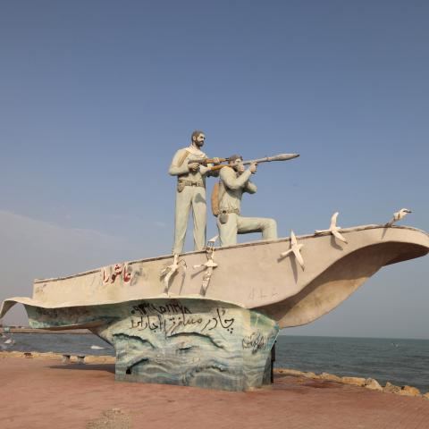 A sculpture overlooks the Strait of Hormuz in the port city of Bandar Abbas, Iran, on August 10, 2026. (Getty Images)