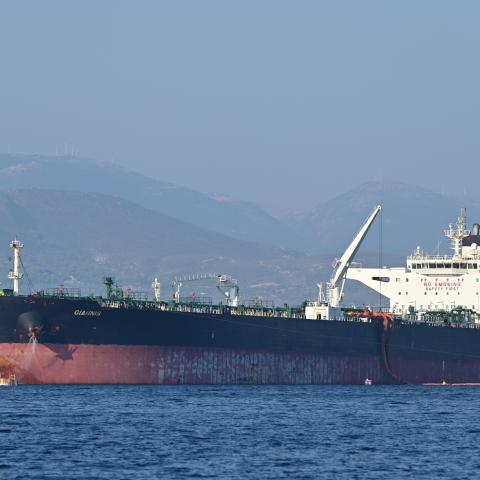 The crude oil tanker Giannis unloads its cargo of Middle Eastern crude at the Agioi Theodoroi Motor Oil Terminal near Corinth, Greece, on August 24, 2026. (Getty Images)