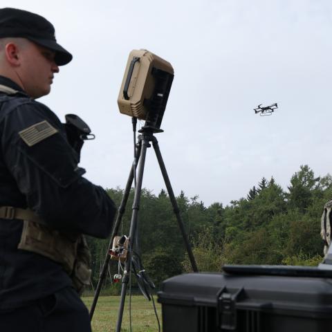 A member of the US Army 7th Army Training Command stands with a radar for drone detection during a demonstration at the US Army Joint Multinational Readiness Center on August 26, 2026, near Hohenfels, Germany. (Getty Images)