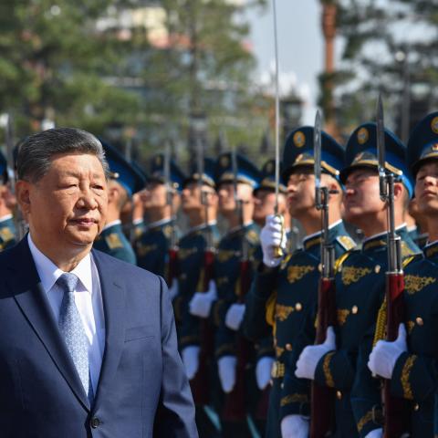 Chinese President Xi Jinping walks past Kyrgyz honour guards during a welcoming ceremony prior to talks with his Kyrgyzstan's counterpart in Bishkek on August 31, 2026. (Getty Images)