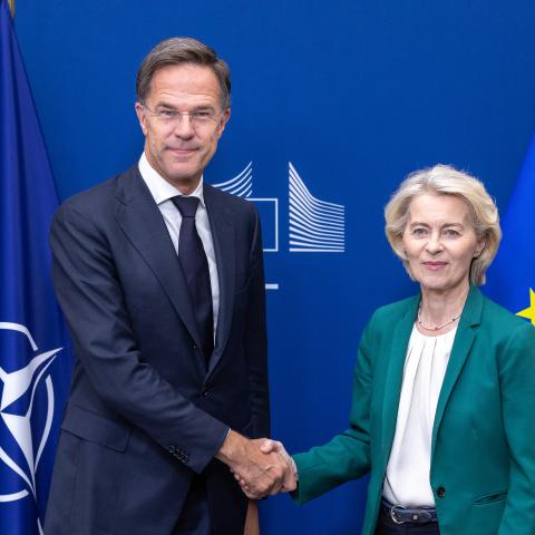 European Commission President Ursula von der Leyen and NATO Secretary General Mark Rutte shake hands during a press statement at the EU headquarters on September 2, 2026, in Brussels, Belgium. (Getty Images)