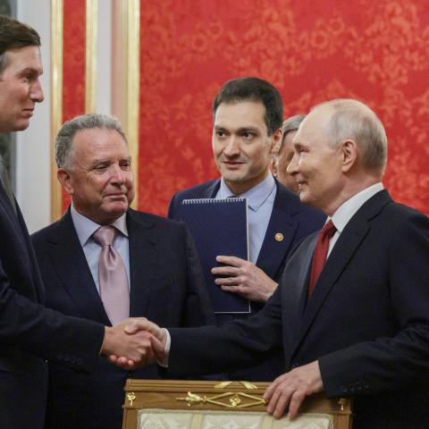 Russian President Vladimir Putin welcomes US Special Envoys Steve Witkoff and Jared Kushner before their talks in Moscow on September 5, 2026. (Getty Images)