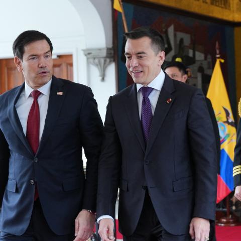 US Secretary of State Marco Rubio is welcomed by Ecuador’s President Daniel Noboa at Carondelet Palace in Quito on September 9, 2026. (Getty Images)