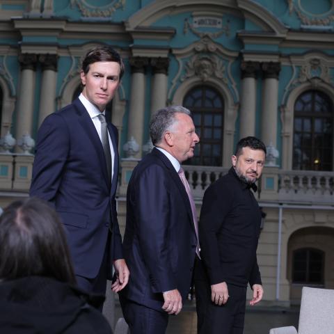 United States Special Envoy Steve Witkoff, Jared Kushner, and Ukrainian President Volodymyr Zelenskyy participate in a joint press conference after talks on September 6, 2026, in Kyiv, Ukraine. (Getty Images)