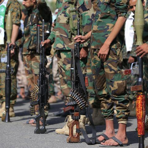 Fighters loyal to the Houthi authorities gather during a rally to recruit more fighters in Sanaa, Yemen, on September 10, 2026. (Getty Images)