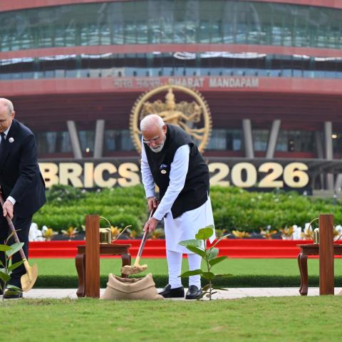 Indian Prime Minister Narendra Modi and other BRICS leaders participate in a joint tree-planting ceremony on the lawns on the sidelines of the 18th BRICS Summit at Bharat Mandapam in New Delhi, India, on September 12, 2026. (Getty Images)