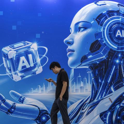 A visitor walks by a billboard at the PT Expo on September 22, 2026, in Beijing. (Getty Images)