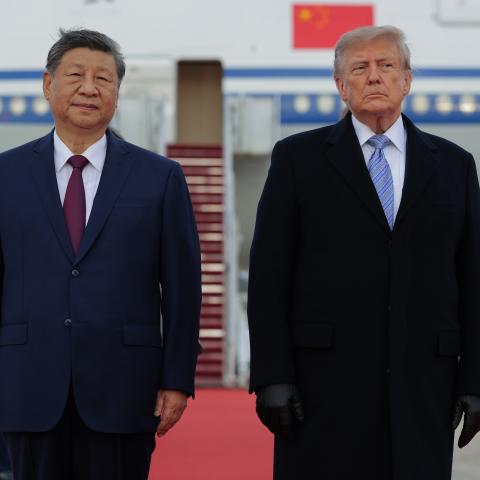 US President Donald Trump and Chinese President Xi Jinping look on during an arrival ceremony on September 23, 2026, at Joint Base Andrews in Maryland. (Getty Images)