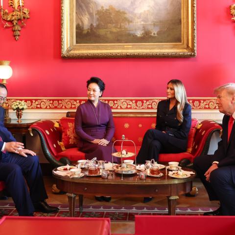 Chinese President Xi Jinping and his wife Peng Liyuan have a chat over tea with US President Donald Trump and his wife Melania Trump at the White House in Washington, DC, September 25, 2026. (Getty Images)