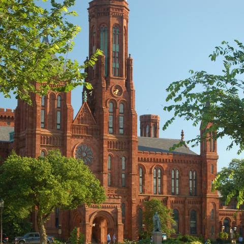 Front of Smithsonian Castle seen from the National Mall.