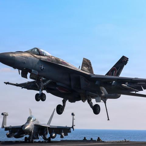 An F/A-18E Super Hornet prepares to make an arrested landing on the flight deck of the USS Abraham Lincoln in the Arabian Sea on January 30, 2026. (US Navy)