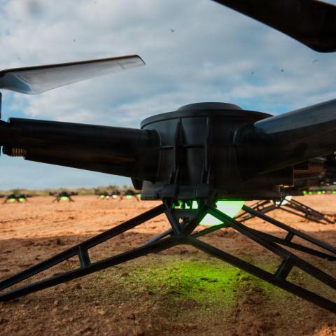 Drones synchronize before a swarm flight during XVIII Airborne Corps’ Scarlet Dragon 26-3 at Fort Bragg in North Carolina on September 15, 2026. (US Army)