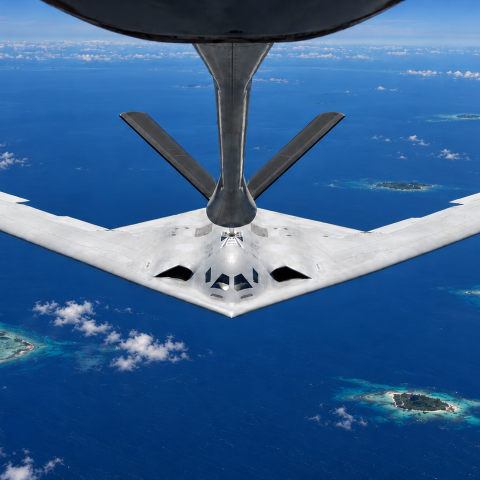 AI-generated image, using a US Air Force photo of B-21 Raider rendezvousing with a KC-135 Stratotanker for aerial refueling near Edwards Air Force Base in California on April 14, 2026, as a reference.