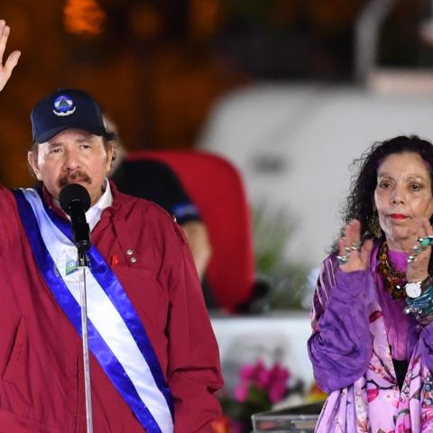 Nicaraguan President Daniel Ortega L and then-Vice President Rosario Murillo attend the swearing-in ceremony for a new presidential term in Managua, Nicaragua on January 10, 2022. (Getty Images)