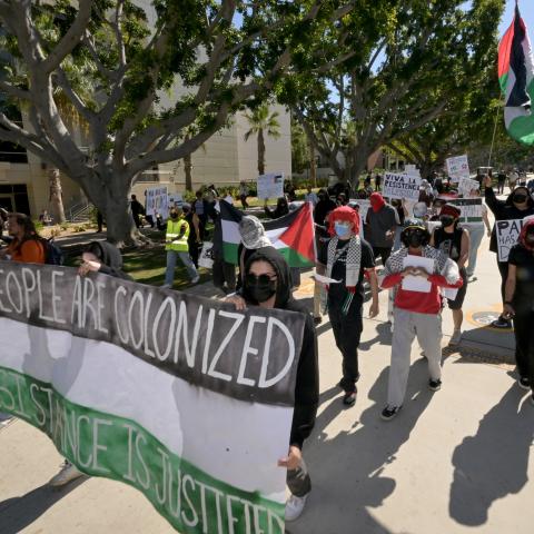 LA F.U.E.R.Z.A, an advocacy group, marched through the campus of California State University Long Beach for a Day of Resistance protest for Palestine on October 10, 2023. (Getty Images)