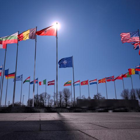 The flags of NATO and its member states wave in Brussels, Belgium, on March 6, 2025. (Getty Images)