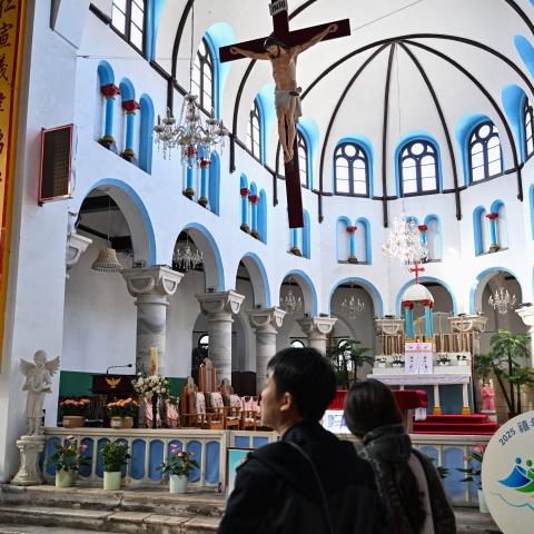 People visit the Baoding Catholic Church in Baoding, China's northern Hebei province, on April 22, 2025. (Getty Images)