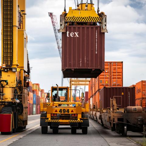 Shipping containers are seen in the Port of Montreal in Montreal, Quebec, on August 23, 2026. (Getty Images)