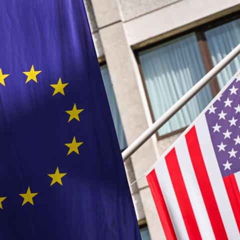 The flag of the European Union hangs beside the flag of the United States outside an office building in Dublin, Ireland, on September 11, 2026. (Getty Images)