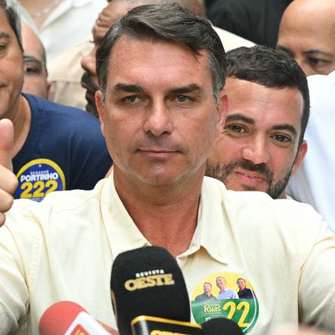 Senator and presidential candidate for the Liberal Party, Flavio Bolsonaro gives thumbs up as he leaves a polling station after voting during the presidential election in Rio de Janeiro, Brazil, on October 4, 2026. (Getty Images)