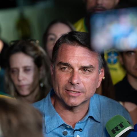Presidential candidate Flavio Bolsonaro for the Partido Liberal speaks to the press after the votes are tallied on election day on October 4, 2026, in Brasilia, Brazil. (Getty Images)