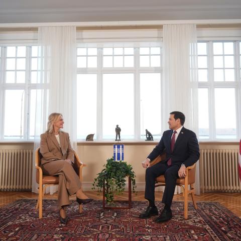 US Secretary of State Marco Rubio speaks with Iceland’s Foreign Minister Thorgerdur Katrin Gunnarsdottir during a tour of Hofdi House as part of a European visit, in Reykjavik on October 6, 2026. (Getty Images)