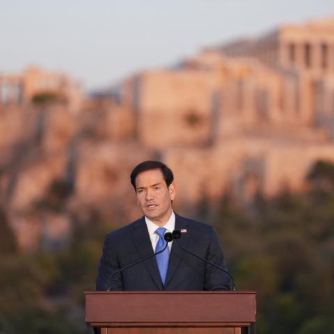 US Secretary of State Marco Rubio speaks at the Pnyx hill, where ancient Athenians held democratic assemblies, with the ancient Parthenon temple atop the Acropolis seen in the background, in Athens on October 7, 2026. (Getty Images)