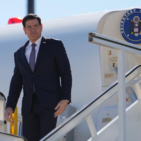 US Secretary of State Marco Rubio disembarks from a plane upon arrival at Lisbon Airport during a three-country European tour on October 8, 2026. (Getty Images)