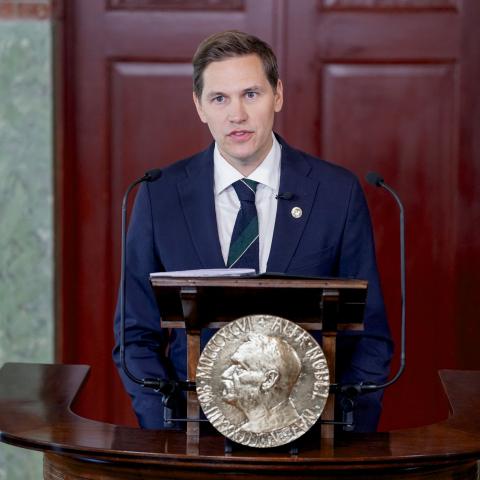 The chairman of the Nobel Committee, Jørgen Watne Frydnes, announces the Nobel Peace Prize 2026 at the Nobel Institute in Oslo, Norway, on October 9, 2026. (Getty Images)