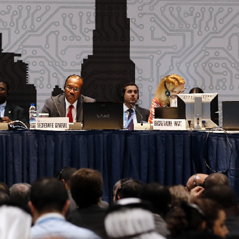 Hamadoun Toure (C), secretary general of the International Telecommunication Union (ITU), addresses a joint press conference on the final day of the World Conference on International Telecommunications. (KARIM SAHIB/AFP/Getty Images)