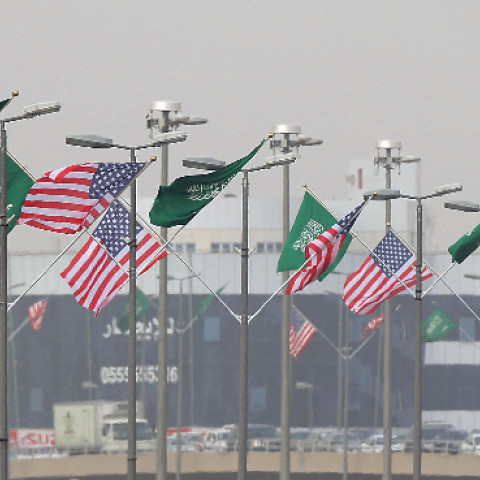 Saudi (green) and US flags flutter on light poles on June 2, 2009 in preparation for the visit of US President Barack Obama on June 3. (MIDO AHMED/AFP/Getty Images)