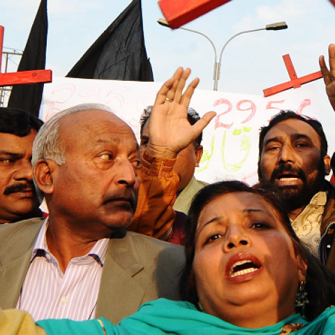 Members of the Pakistan Christian Democratic alliance march during a protest in Lahore on December 25, 2010, in support of Asia Bibi (Arif Ali/AFP/Getty Images)