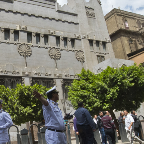 Security forces patrol as people arrive at the Adly Synagogue for the funeral of the president of the Egyptian Jewish Community Carmen Weinstein on April 18, 2013 in Cairo, Egypt (KHALED DESOUKI/AFP/Getty Images)