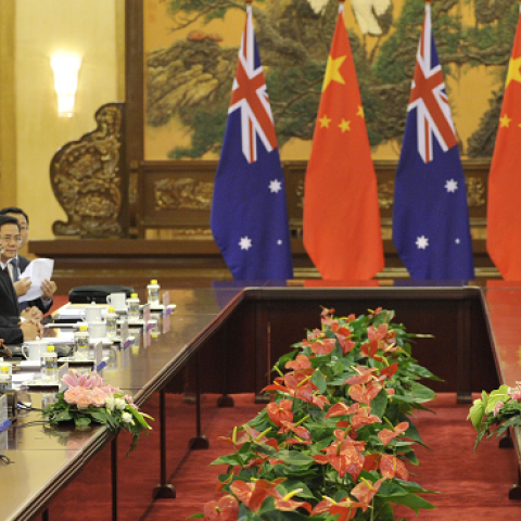 Chinese President Xi Jinping (4th, L) meets with Australian Prime Minister Tony Abbott (4th, R) at the Great Hall of the People on April 11, 2014 in Beijing, China. (Parker Song-Pool/Getty Images)