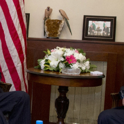 U.S. Secretary of State John Kerry (2nd-R) meets with Palestinian president Mahmud Abbas (R) in the Jordanian capital Amman, on March 26, 2014. (JACQUELYN MARTIN/AFP/Getty Images)