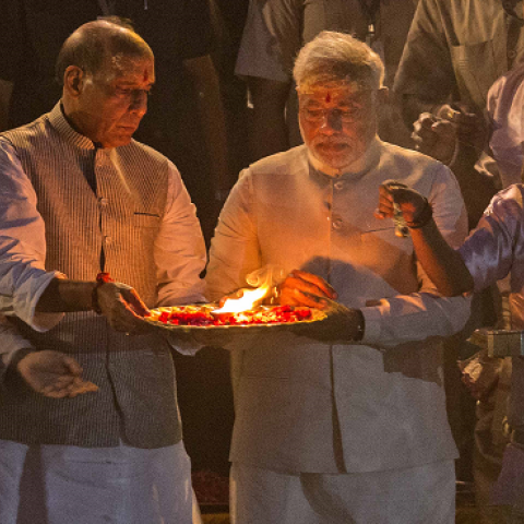 BJP leader Narendra Modi, (C), performs the Hindu Ganga Puja prayer ritual the day after his election victory on May 17, 2014 in Varanasi, India. (Kevin Frayer/Getty Images)