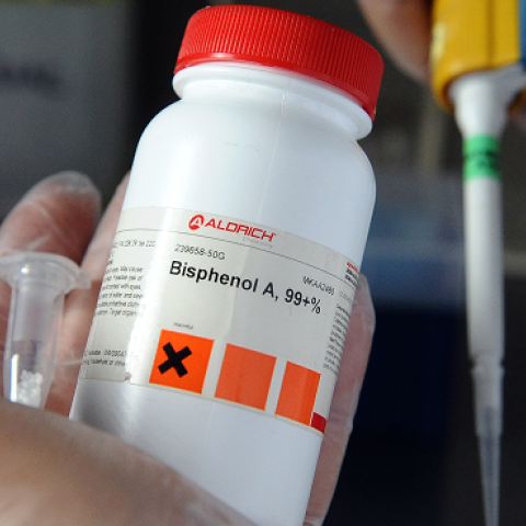 A scientist holds a flask containing the chemical Bisphenol-A, on October 9, 2012 at the French national institute for Agronomical research in Toulouse.(REMY GABALDA/AFP/GettyImages)