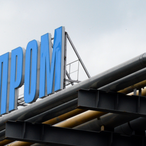 Russian gas giant Gazprom's logo is attached on the roof of the recently built Adler thermal power plant in the Russian Black Sea resort of Sochi on November 30, 2013.(YURI KADOBNOV/AFP/Getty Images)