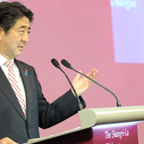 Prime Minister Shinzo Abe delivers his speech at the 13th International Institute for Strategic Studies Shangri-La Dialogue  on May 30, 2014 in Singapore. (ROSLAN RAHMAN/AFP/Getty Images)