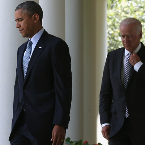 U.S. President Barack Obama and U.S. Vice President Joseph Biden walk into the Rose Garden of the White House June 30, 2014 in Washington, DC. (Mark Wilson/Getty Images)