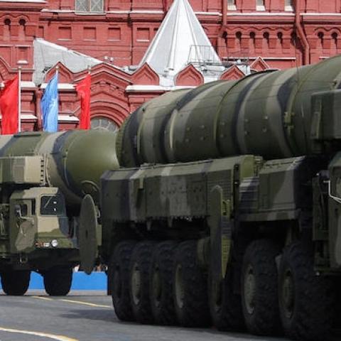 Russian Topol-M ICBMs drive across Red Square in a Victory Day Parade in Moscow on May 9, 2008. (YURI KADOBNOV/AFP/Getty Images)