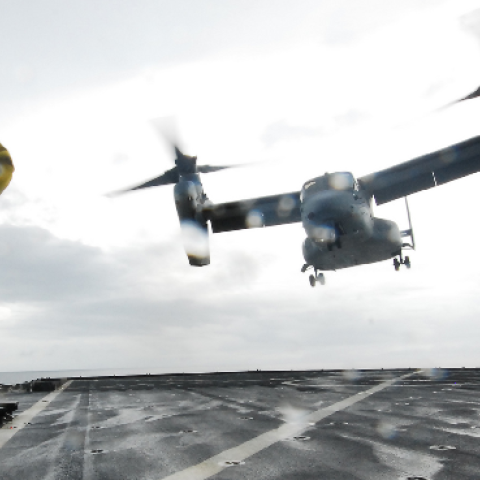 Aviation Boatswain's Mate (Handling) Airman Jennifer L. Confer directs a V-22 Osprey from the USS Ashland (LSD 48), Nov. 22 2013. (U.S. Navy photo by Chief Mass Communication Specialist Allen Onstott/Released)