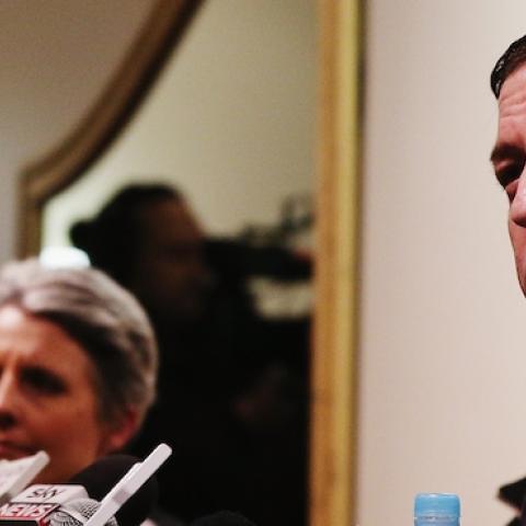 Glenn Greenwald talks to the media at Auckland Town Hall on September 15, 2014. (Hannah Peters/Getty Images)